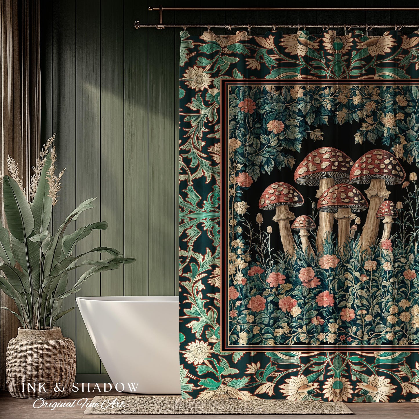 Fairytale Bedroom Mushroom Shower Curtain | Whimsical Wonders Botanical Forest Decor Whimsigoth Bathroom Cute Cottagecore Fungi Fairy Style