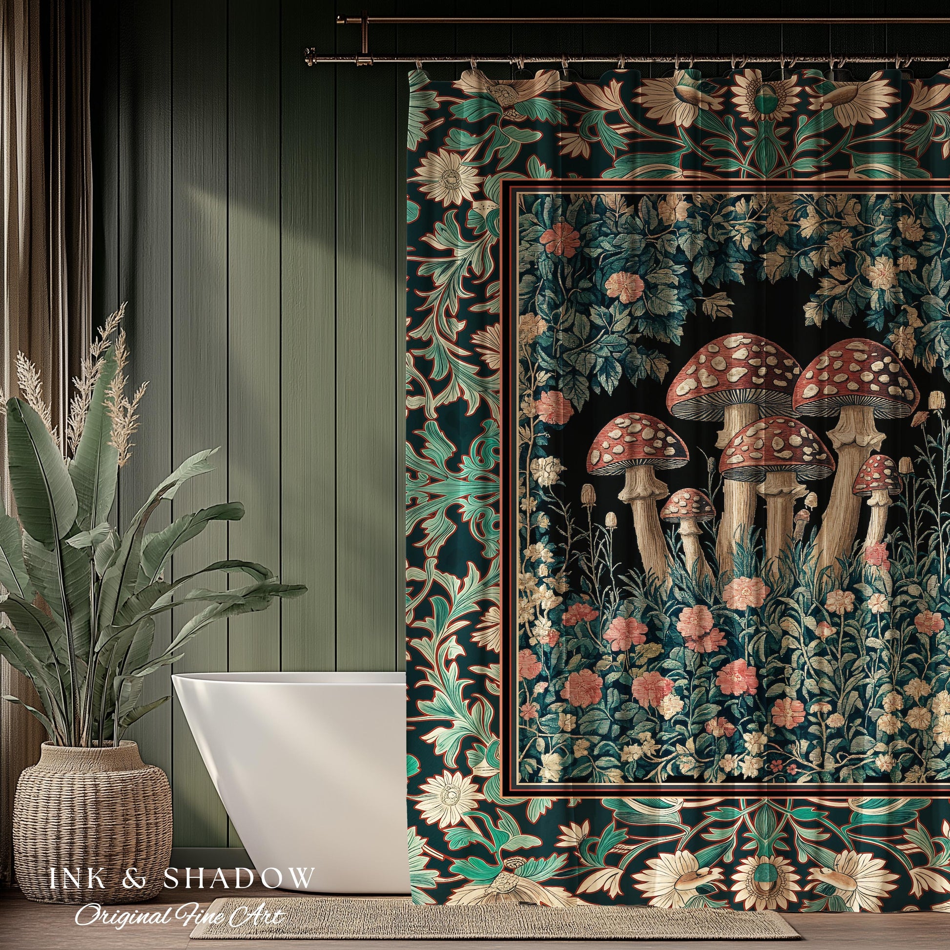 Fairytale Bedroom Mushroom Shower Curtain | Whimsical Wonders Botanical Forest Decor Whimsigoth Bathroom Cute Cottagecore Fungi Fairy Style