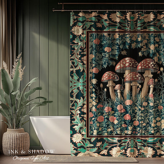 Fairytale Bedroom Mushroom Shower Curtain | Whimsical Wonders Botanical Forest Decor Whimsigoth Bathroom Cute Cottagecore Fungi Fairy Style