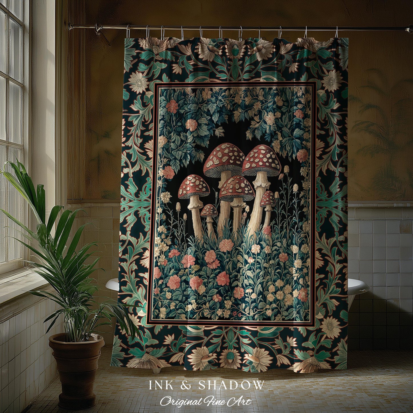 Fairytale Bedroom Mushroom Shower Curtain | Whimsical Wonders Botanical Forest Decor Whimsigoth Bathroom Cute Cottagecore Fungi Fairy Style