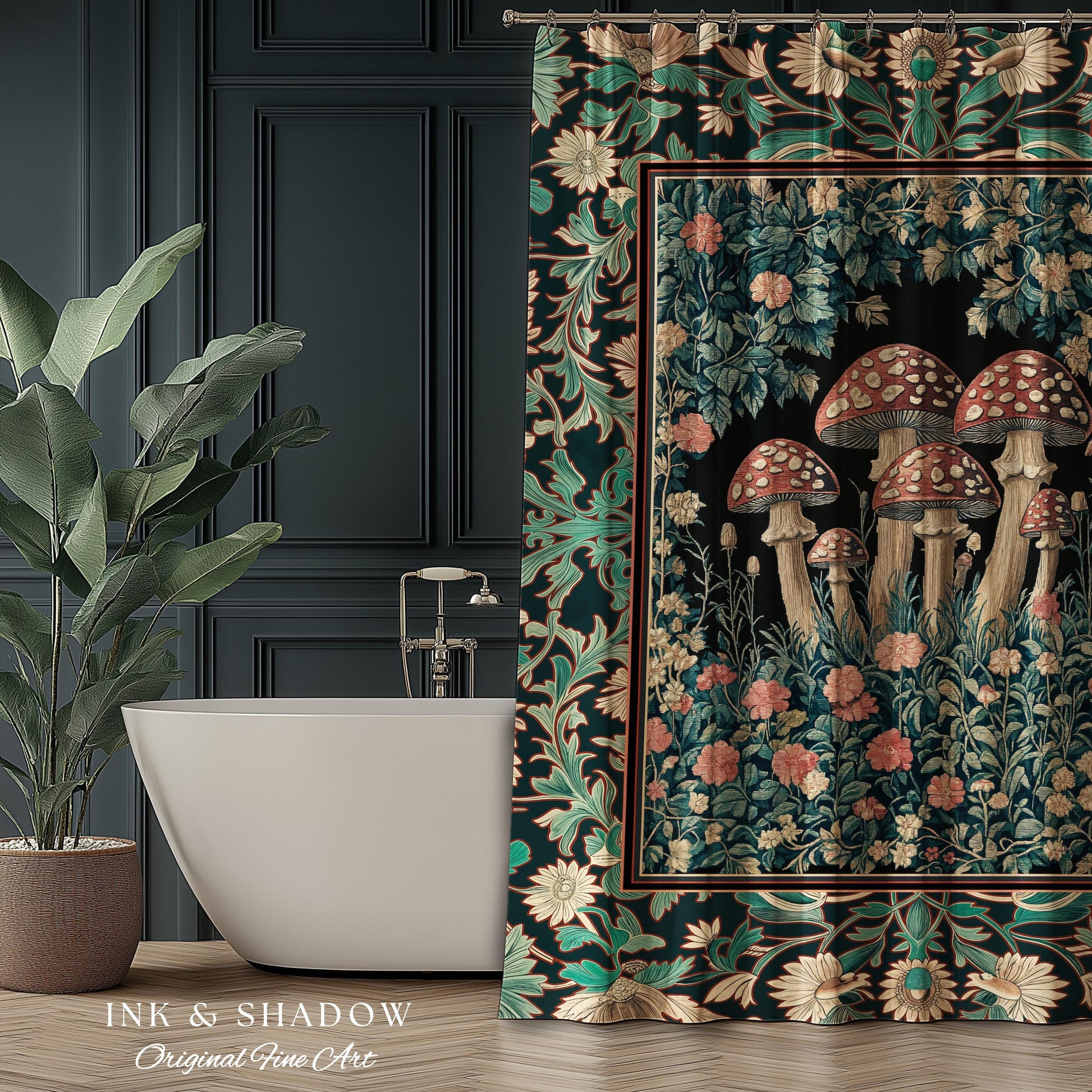 Fairytale Bedroom Mushroom Shower Curtain | Whimsical Wonders Botanical Forest Decor Whimsigoth Bathroom Cute Cottagecore Fungi Fairy Style