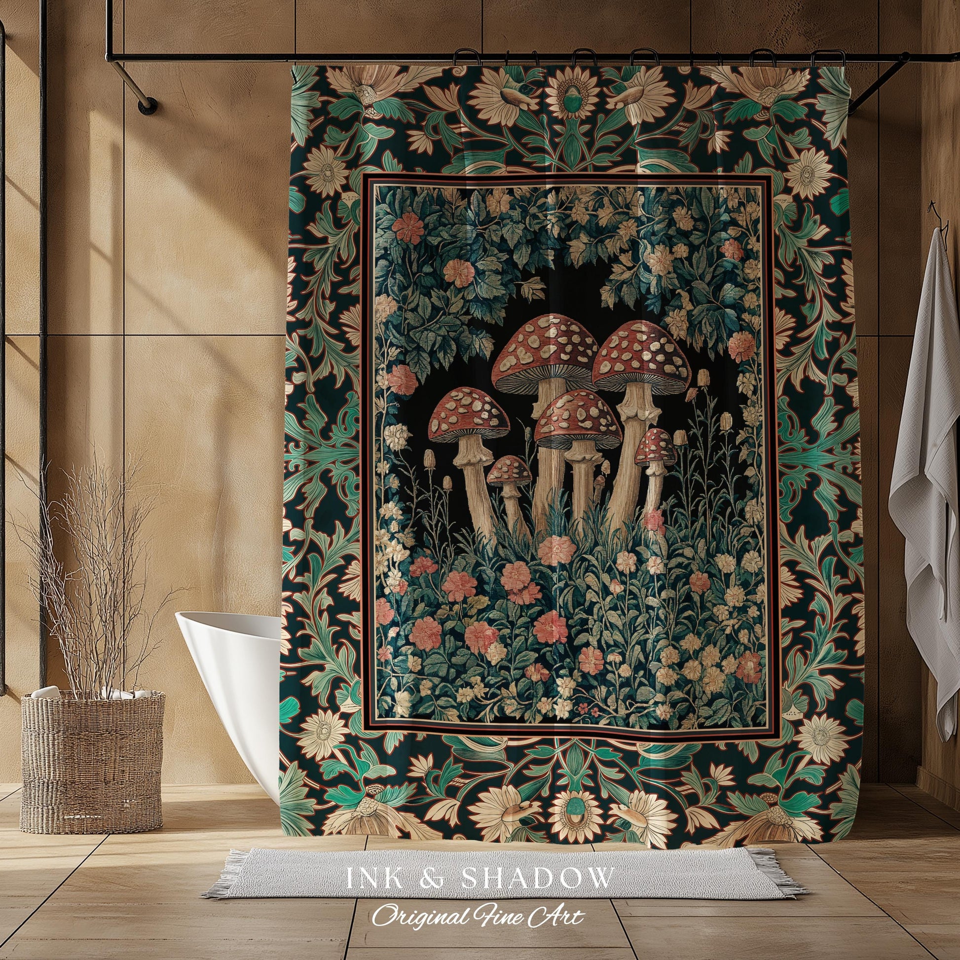Fairytale Bedroom Mushroom Shower Curtain | Whimsical Wonders Botanical Forest Decor Whimsigoth Bathroom Cute Cottagecore Fungi Fairy Style
