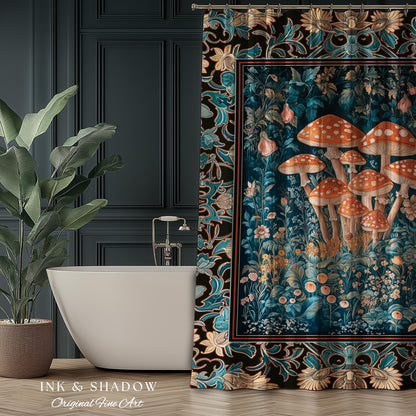 Mystic Forest Fungi Shower Curtain | Maximalist Aesthetic Whimsical Mushroom Bathroom Decor Fairycore Cute Cottagecore Housewarming Gift |