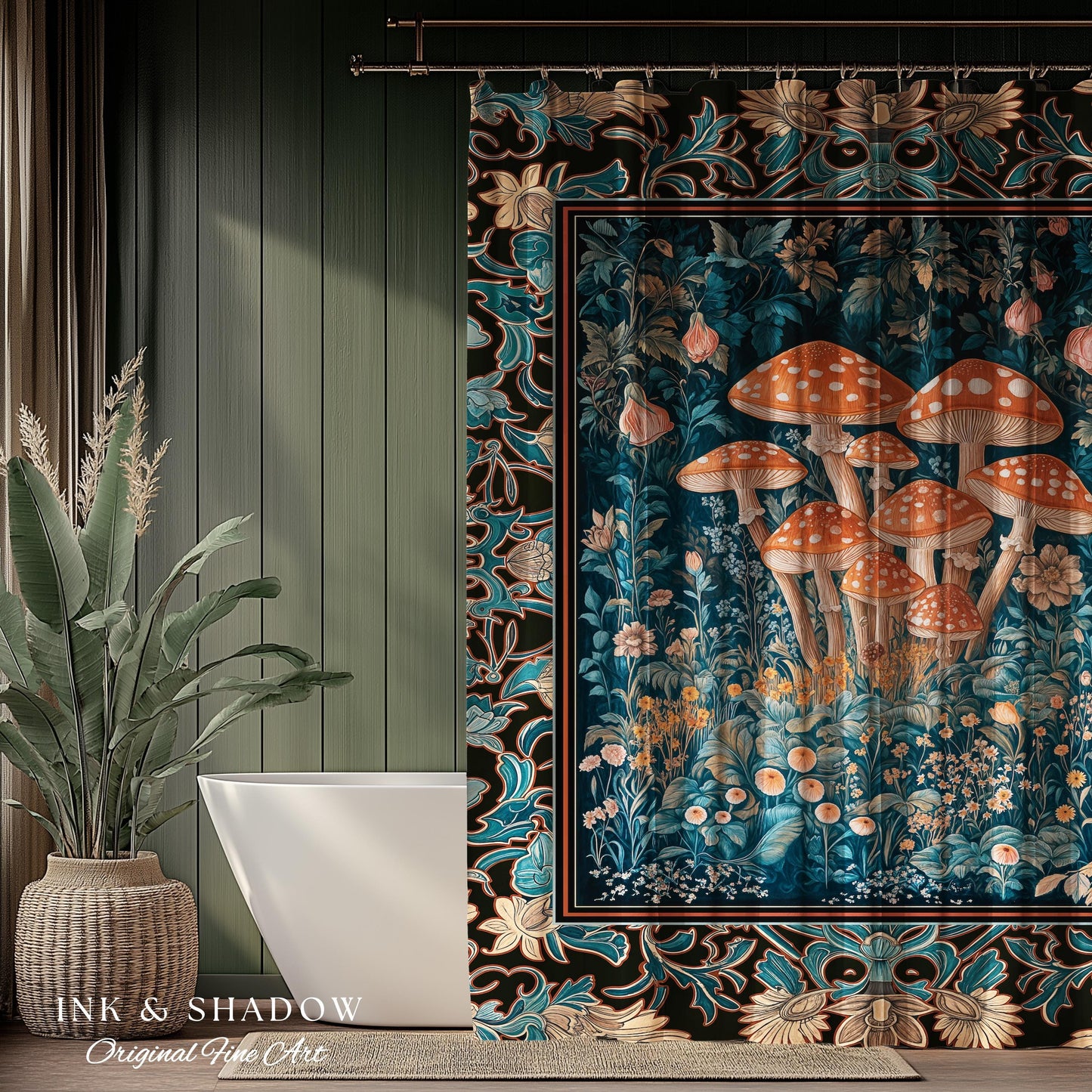 Mystic Forest Fungi Shower Curtain | Maximalist Aesthetic Whimsical Mushroom Bathroom Decor Fairycore Cute Cottagecore Housewarming Gift |