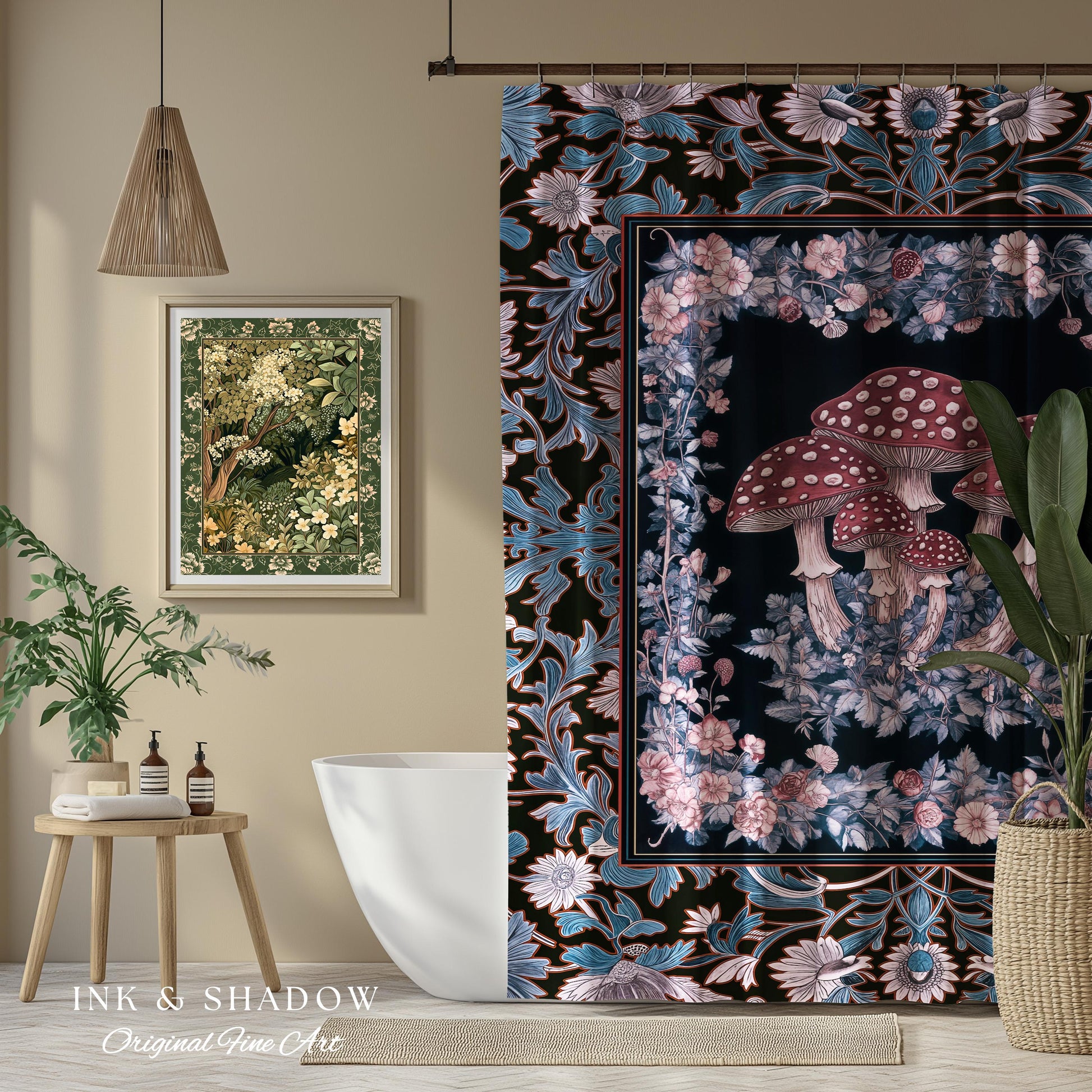 Foraging Fungi Mushroom Shower Curtain | Whimsical Eclectic Decor for Fairy Aesthetic Bathroom Whimsigoth Decor Fairycore Toadstool Witchy