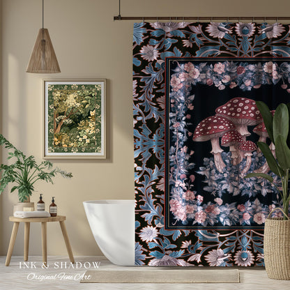 Foraging Fungi Mushroom Shower Curtain | Whimsical Eclectic Decor for Fairy Aesthetic Bathroom Whimsigoth Decor Fairycore Toadstool Witchy