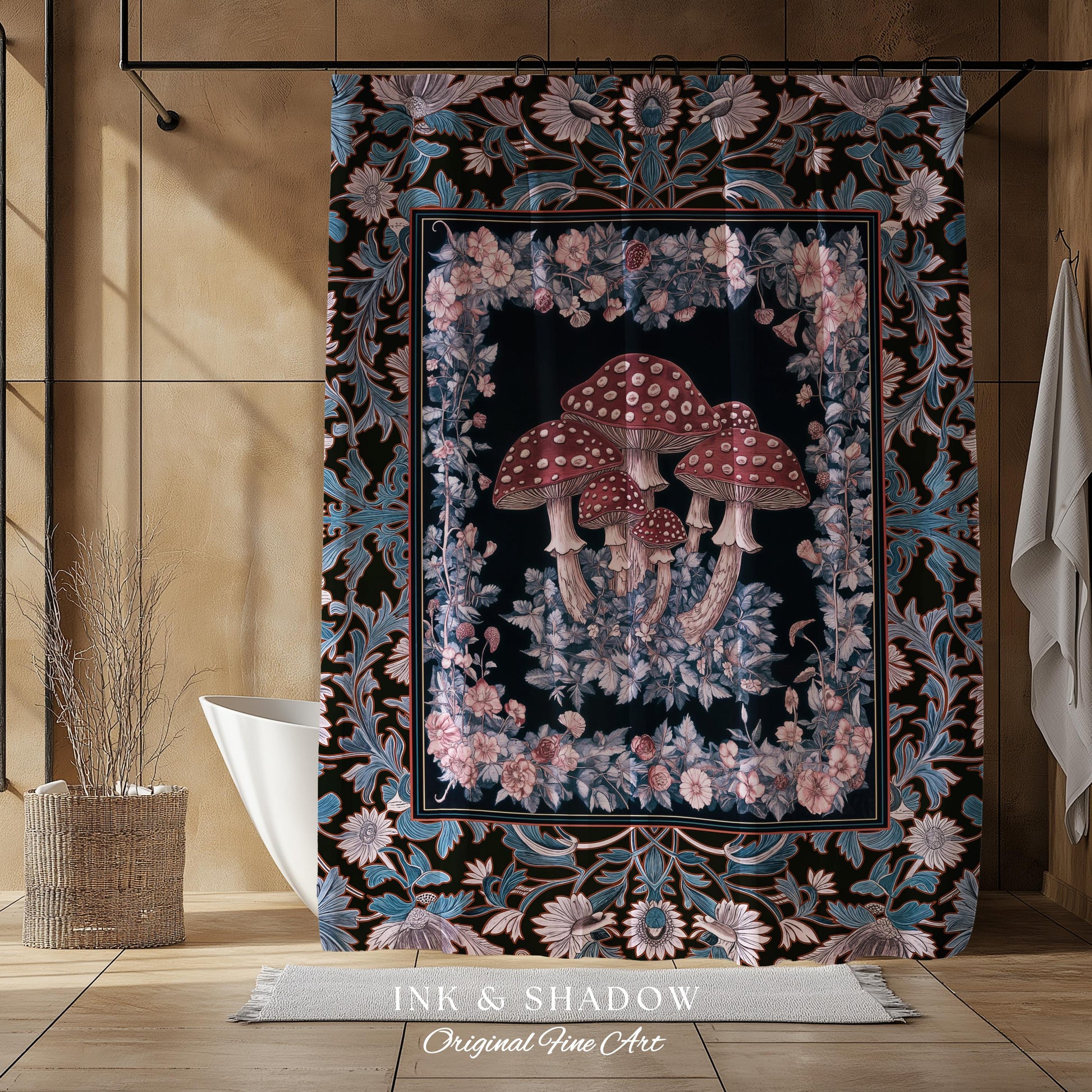 Foraging Fungi Mushroom Shower Curtain | Whimsical Eclectic Decor for Fairy Aesthetic Bathroom Whimsigoth Decor Fairycore Toadstool Witchy
