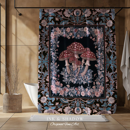 Foraging Fungi Mushroom Shower Curtain | Whimsical Eclectic Decor for Fairy Aesthetic Bathroom Whimsigoth Decor Fairycore Toadstool Witchy