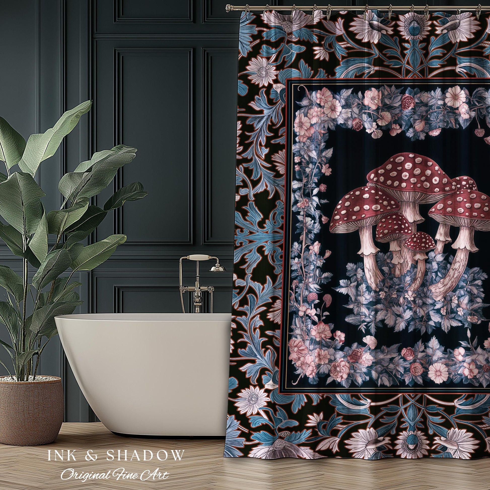 Foraging Fungi Mushroom Shower Curtain | Whimsical Eclectic Decor for Fairy Aesthetic Bathroom Whimsigoth Decor Fairycore Toadstool Witchy