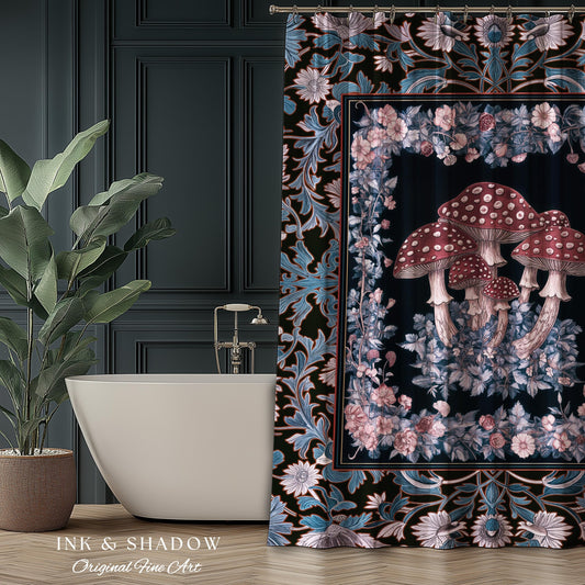 Foraging Fungi Mushroom Shower Curtain | Whimsical Eclectic Decor for Fairy Aesthetic Bathroom Whimsigoth Decor Fairycore Toadstool Witchy