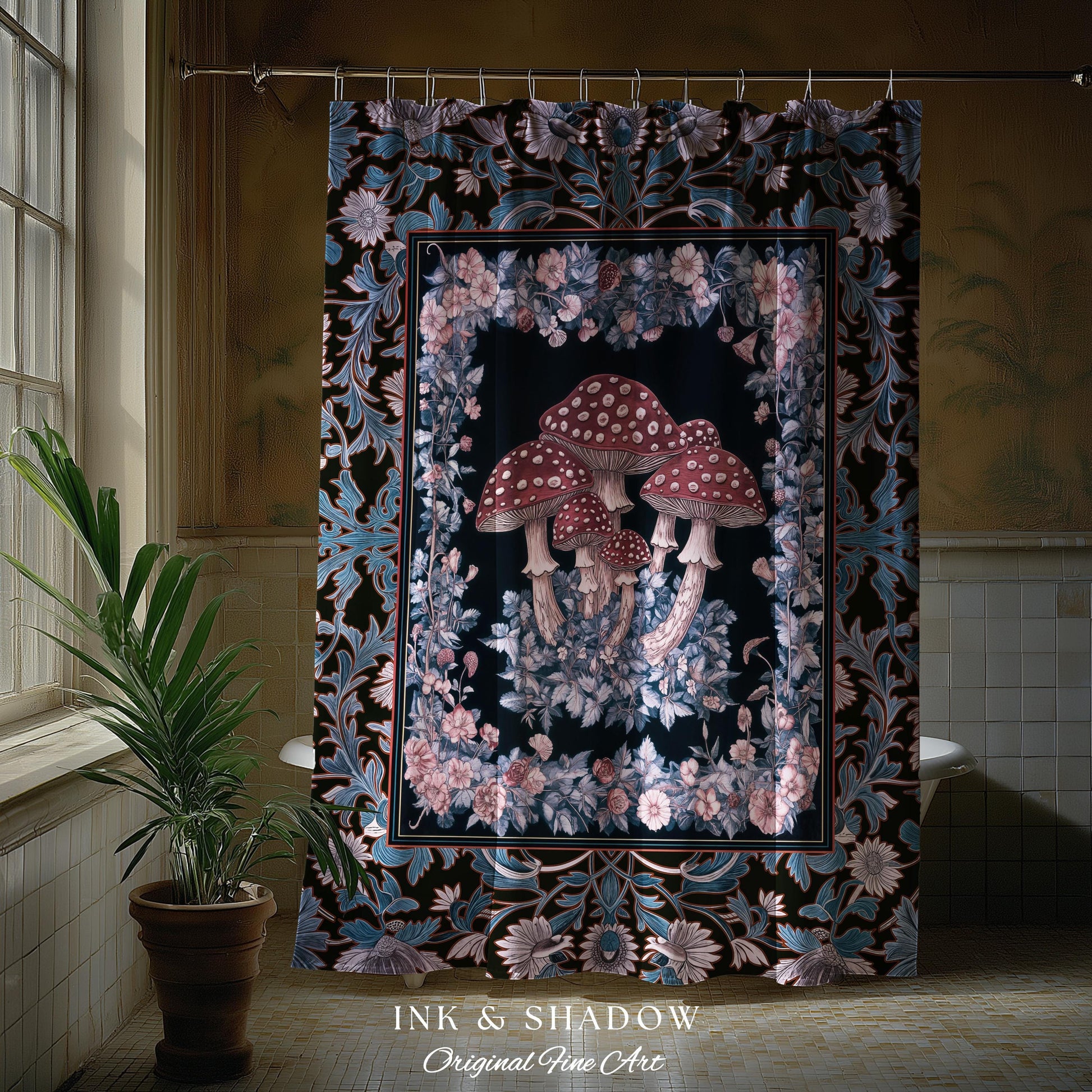 Foraging Fungi Mushroom Shower Curtain | Whimsical Eclectic Decor for Fairy Aesthetic Bathroom Whimsigoth Decor Fairycore Toadstool Witchy