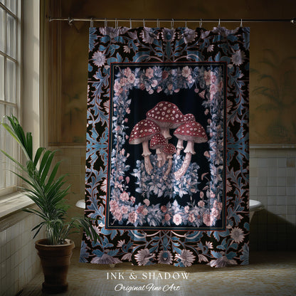 Foraging Fungi Mushroom Shower Curtain | Whimsical Eclectic Decor for Fairy Aesthetic Bathroom Whimsigoth Decor Fairycore Toadstool Witchy