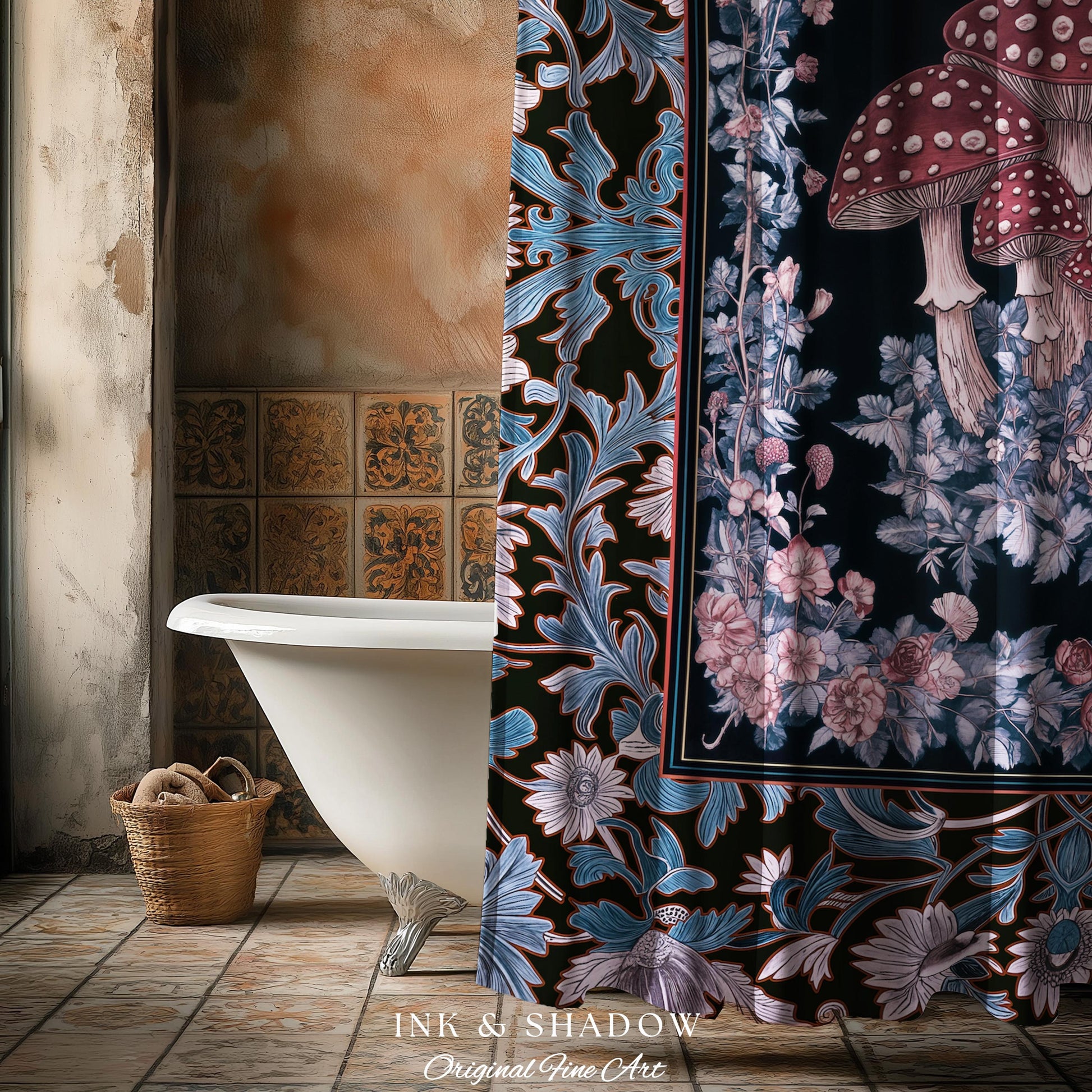 Foraging Fungi Mushroom Shower Curtain | Whimsical Eclectic Decor for Fairy Aesthetic Bathroom Whimsigoth Decor Fairycore Toadstool Witchy