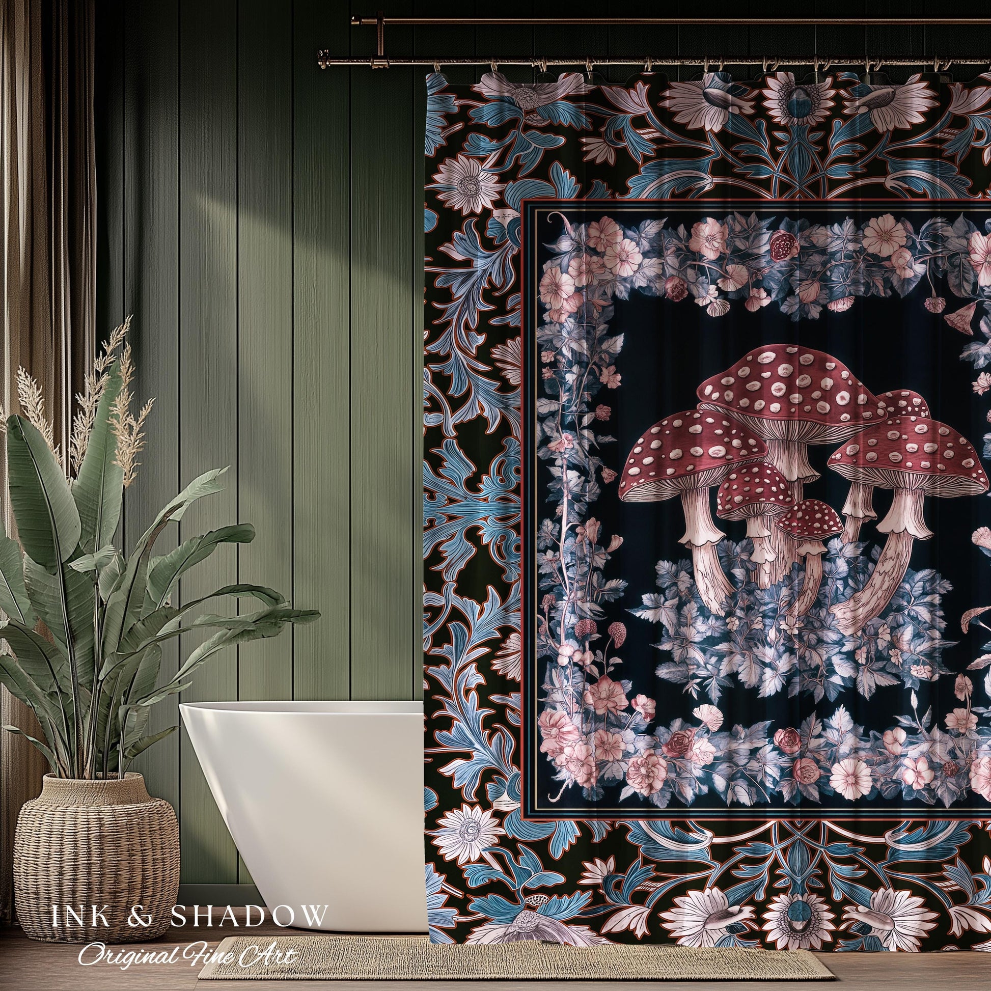 Foraging Fungi Mushroom Shower Curtain | Whimsical Eclectic Decor for Fairy Aesthetic Bathroom Whimsigoth Decor Fairycore Toadstool Witchy