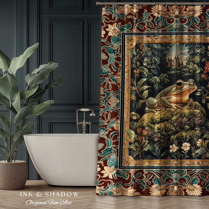 Storybook Aesthetic Frog Shower Curtain | Bohemian Bathroom Floral Ornate Dark Victorian Cottagecore Toad Whimsical Eclectic Home Decor |