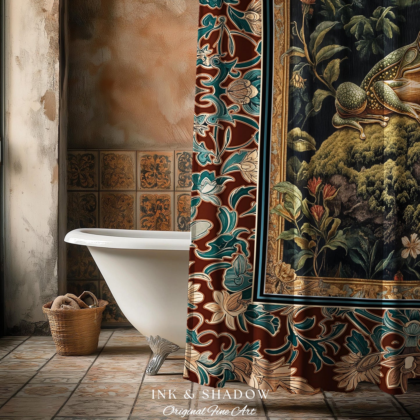 Storybook Aesthetic Frog Shower Curtain | Bohemian Bathroom Floral Ornate Dark Victorian Cottagecore Toad Whimsical Eclectic Home Decor |