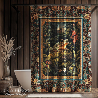 Storybook Aesthetic Frog Shower Curtain | Bohemian Bathroom Floral Ornate Dark Victorian Cottagecore Toad Whimsical Eclectic Home Decor |