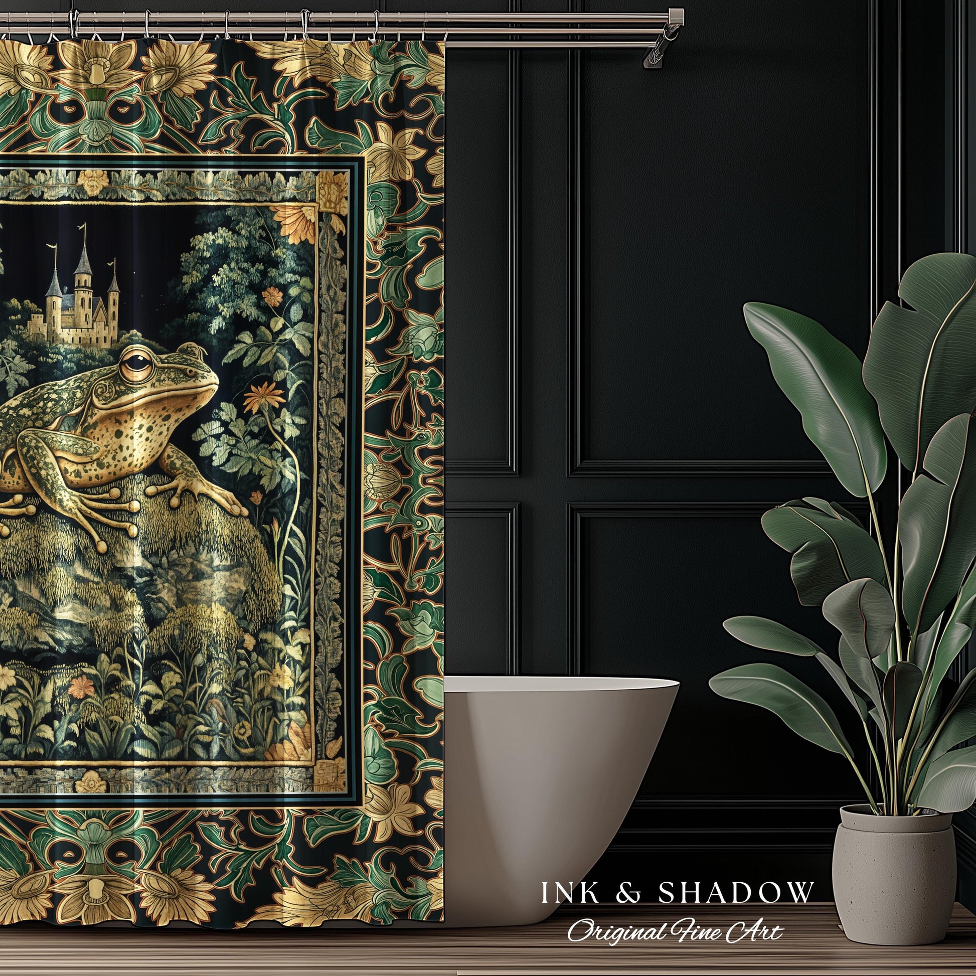 Whimsical Folklore Toad Castle Shower Curtain | Ethereal Landscape Elegant Botanical Goth Victorian Bathroom Eclectic Aesthetic Frog & Toad