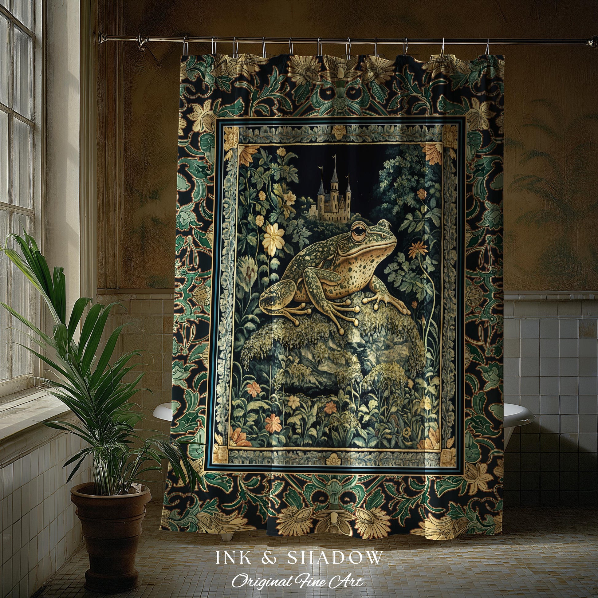Whimsical Folklore Toad Castle Shower Curtain | Ethereal Landscape Elegant Botanical Goth Victorian Bathroom Eclectic Aesthetic Frog & Toad