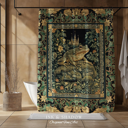 Whimsical Folklore Toad Castle Shower Curtain | Ethereal Landscape Elegant Botanical Goth Victorian Bathroom Eclectic Aesthetic Frog & Toad