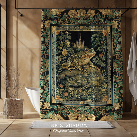 Whimsical Folklore Toad Castle Shower Curtain | Ethereal Landscape Elegant Botanical Goth Victorian Bathroom Eclectic Aesthetic Frog & Toad