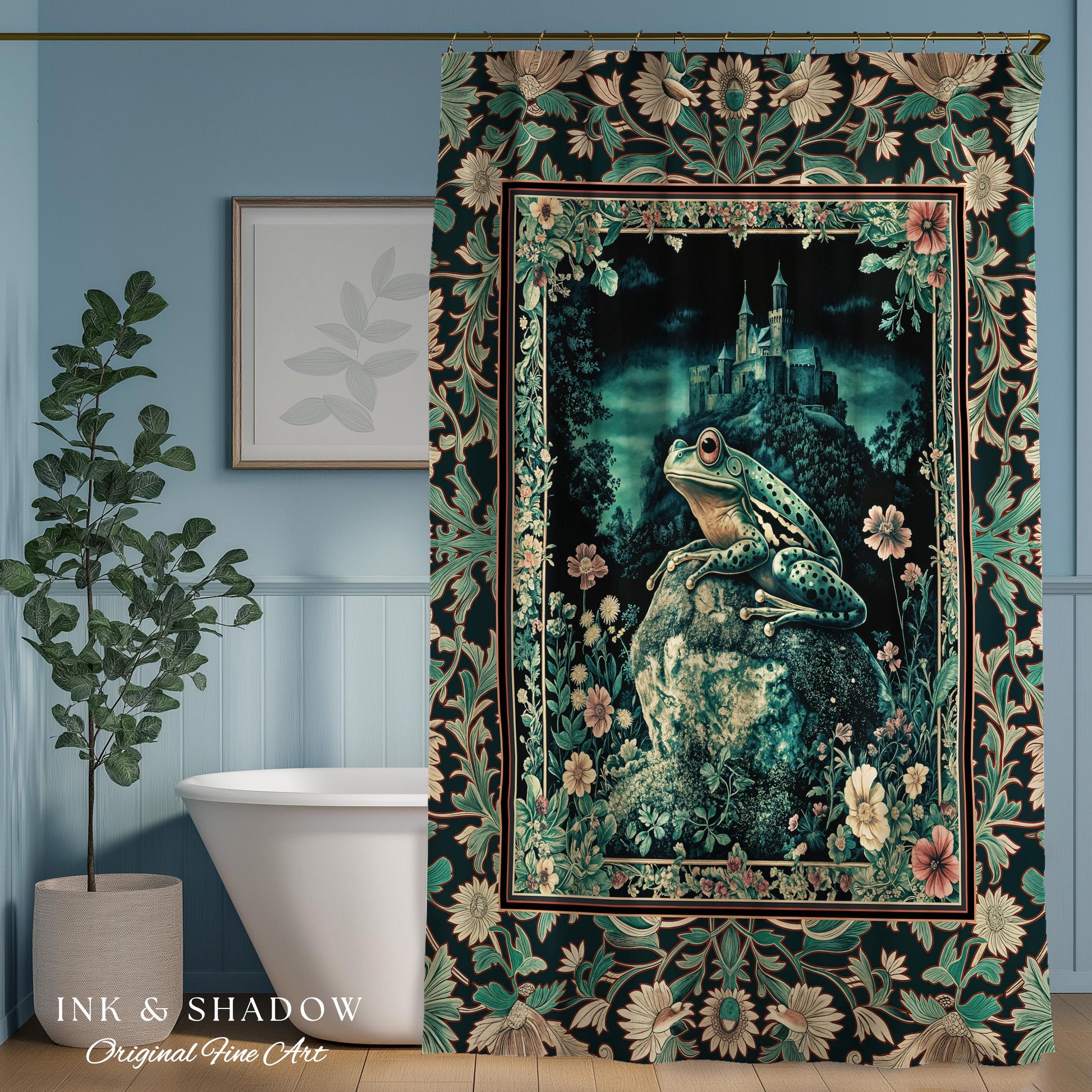 Book Nook Fairytale Shower Curtain | Woodland Gothic Baroque Aesthetic Bathroom Frog Cottagecore Reading Room Floral Border Ornate Style |
