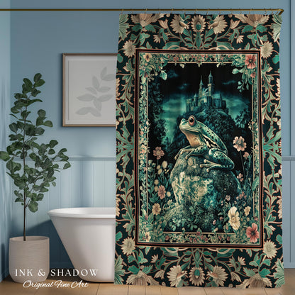 Book Nook Fairytale Shower Curtain | Woodland Gothic Baroque Aesthetic Bathroom Frog Cottagecore Reading Room Floral Border Ornate Style |