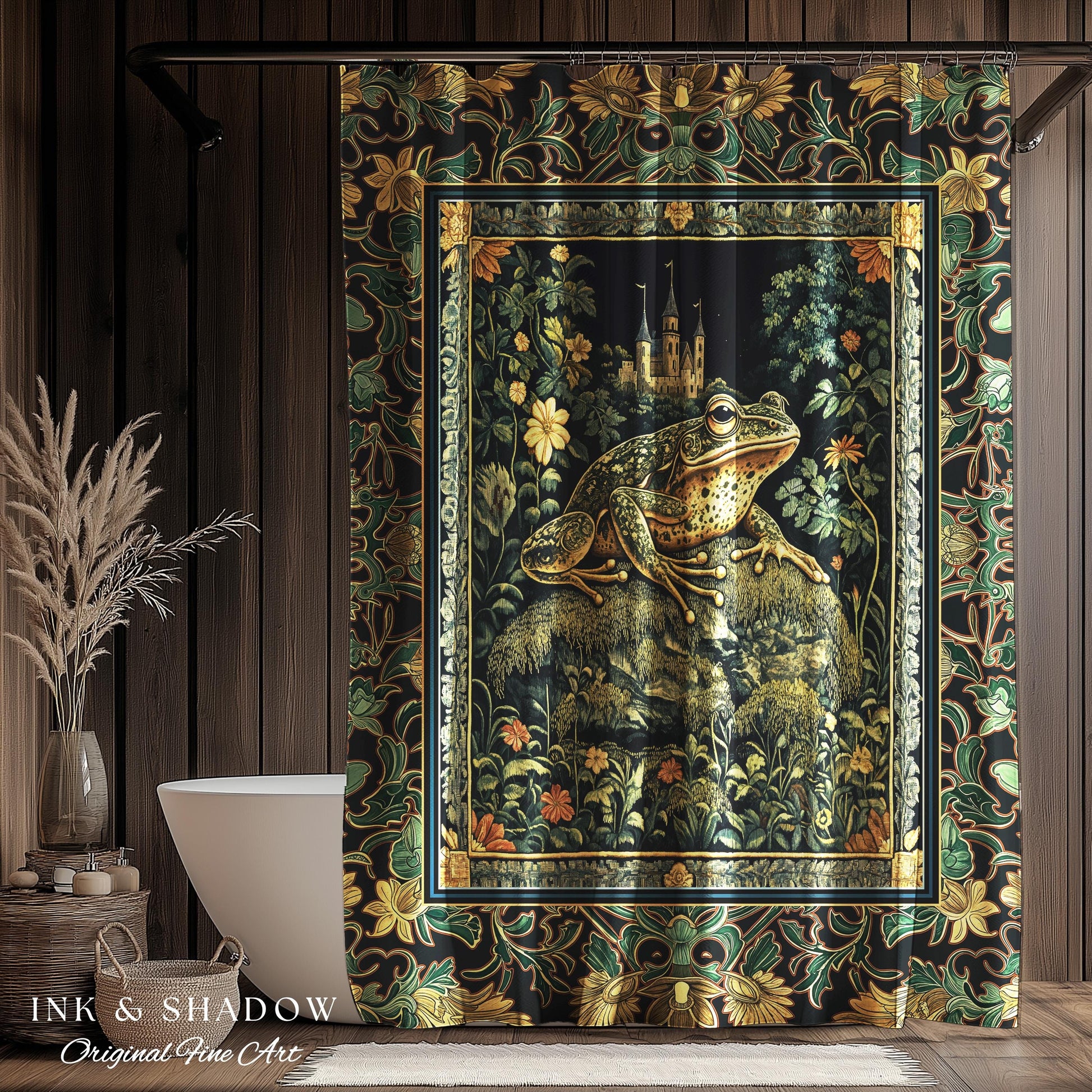 Whimsical Folklore Toad Castle Shower Curtain | Ethereal Landscape Elegant Botanical Goth Victorian Bathroom Eclectic Aesthetic Frog & Toad