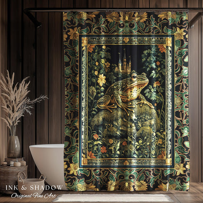 Whimsical Folklore Toad Castle Shower Curtain | Ethereal Landscape Elegant Botanical Goth Victorian Bathroom Eclectic Aesthetic Frog & Toad
