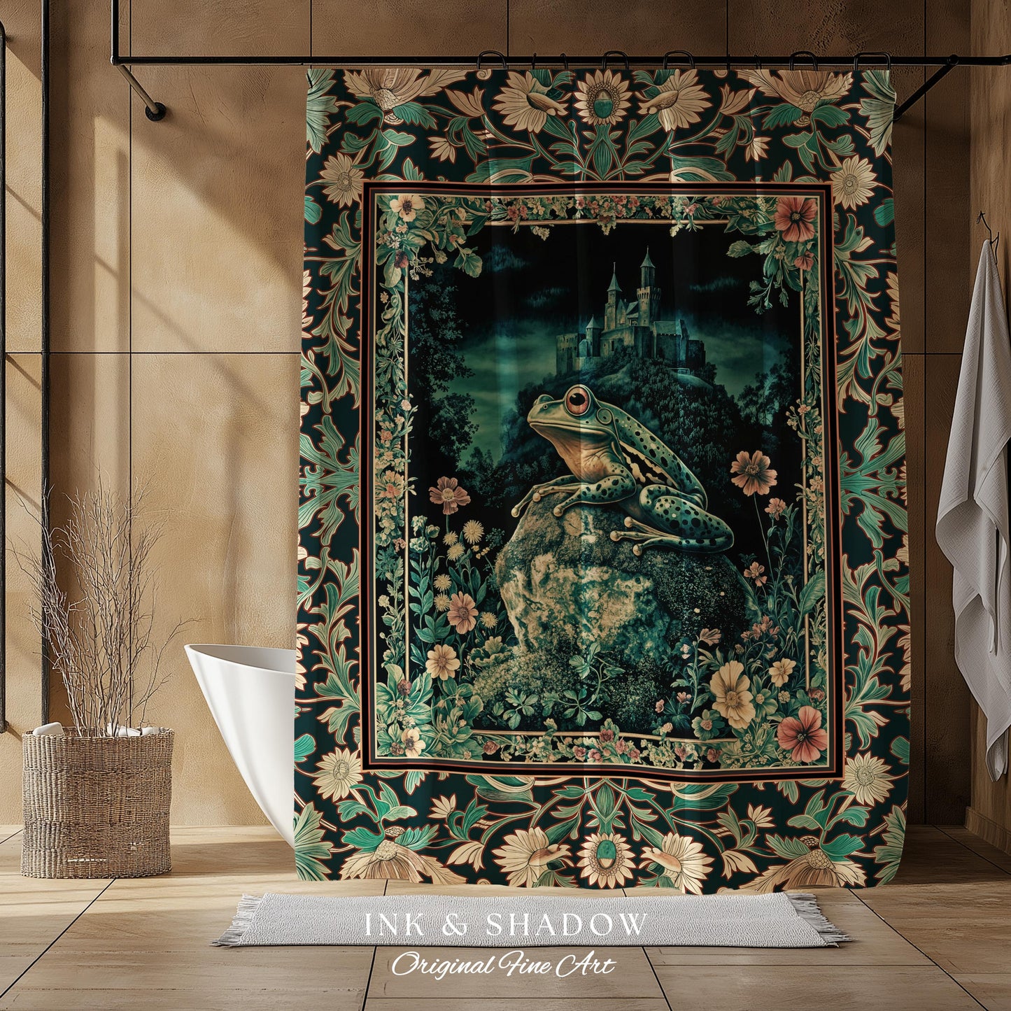 Book Nook Fairytale Shower Curtain | Woodland Gothic Baroque Aesthetic Bathroom Frog Cottagecore Reading Room Floral Border Ornate Style |