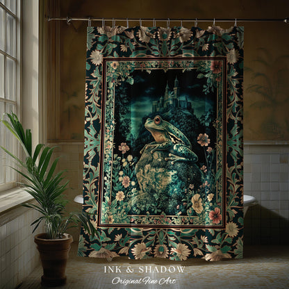 Book Nook Fairytale Shower Curtain | Woodland Gothic Baroque Aesthetic Bathroom Frog Cottagecore Reading Room Floral Border Ornate Style |