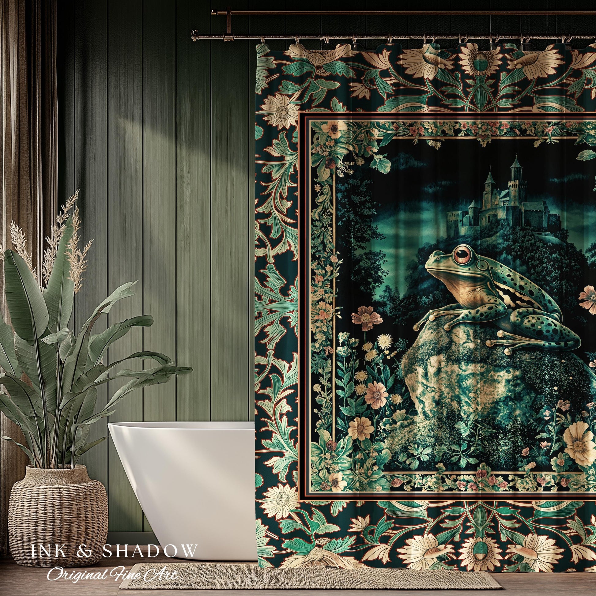 Book Nook Fairytale Shower Curtain | Woodland Gothic Baroque Aesthetic Bathroom Frog Cottagecore Reading Room Floral Border Ornate Style |