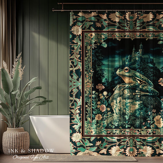Book Nook Fairytale Shower Curtain | Woodland Gothic Baroque Aesthetic Bathroom Frog Cottagecore Reading Room Floral Border Ornate Style |