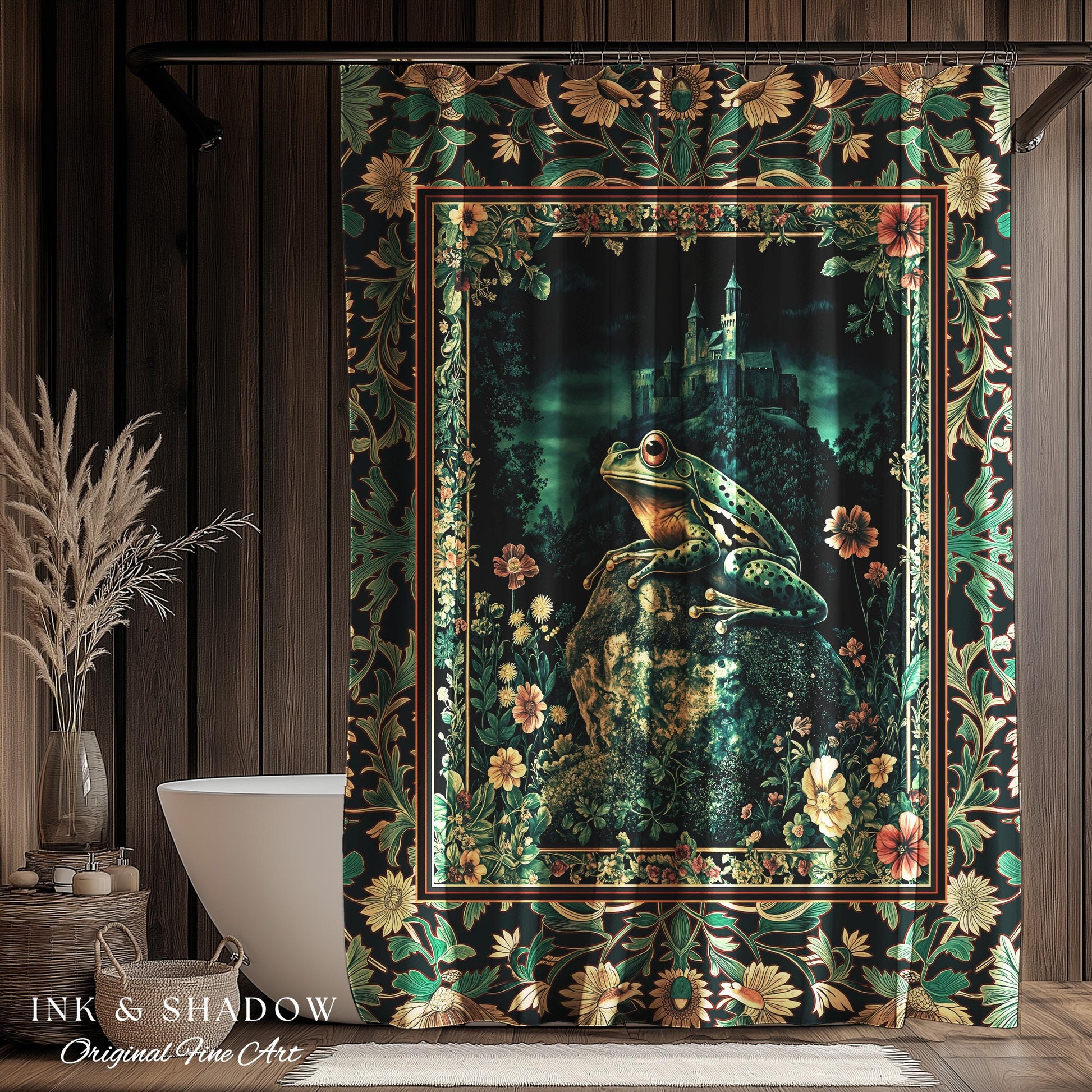 Book Nook Fairytale Shower Curtain | Woodland Gothic Baroque Aesthetic Bathroom Frog Cottagecore Reading Room Floral Border Ornate Style |