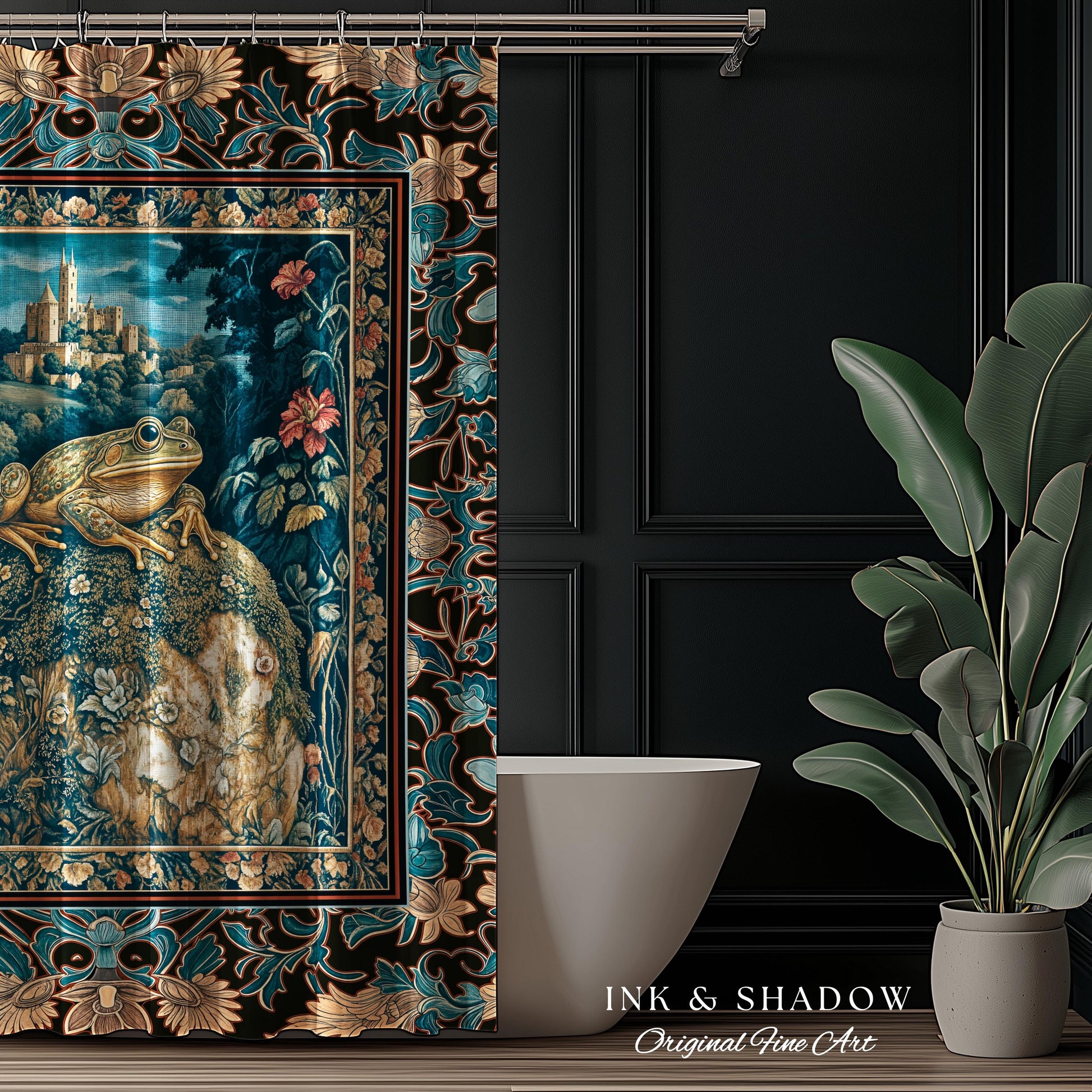 Fairytale Aesthetic Toad Shower Curtain | Frog Lover Bedroom Accent Goblincore Bathroom Dark Cottagecore Magic Eclectic Fairycore Book Nook