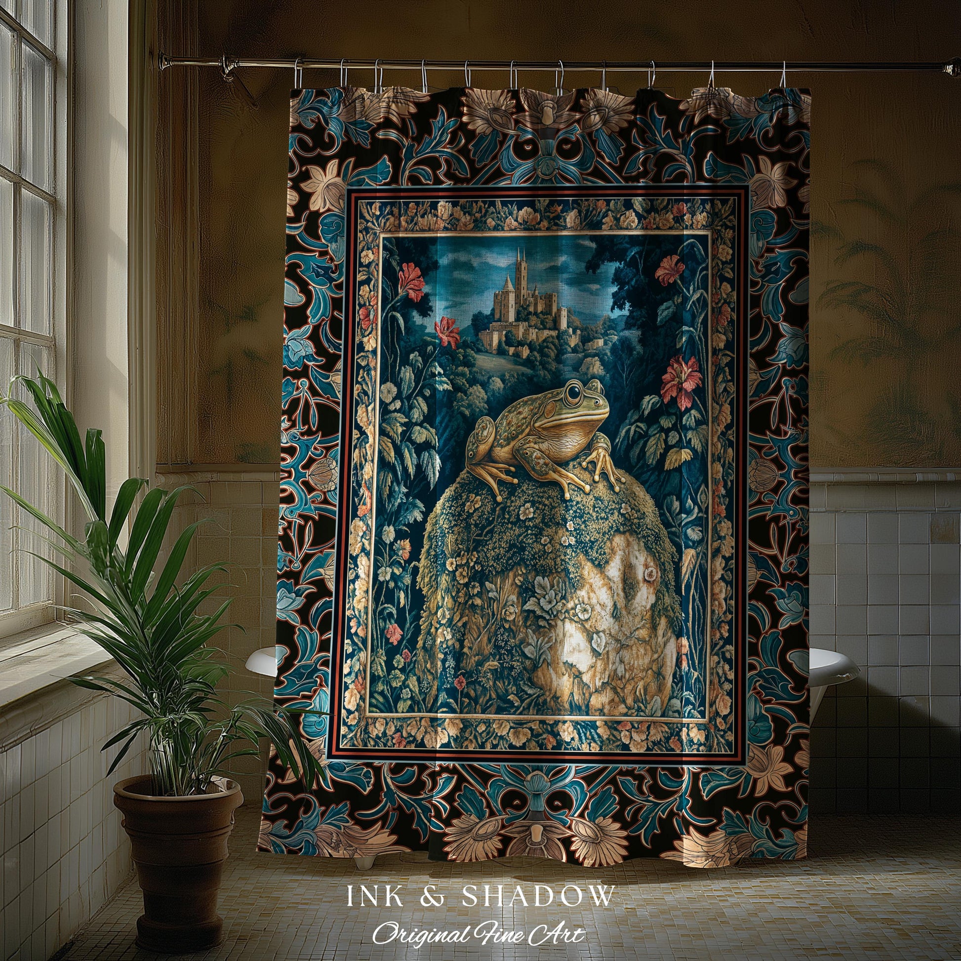Fairytale Aesthetic Toad Shower Curtain | Frog Lover Bedroom Accent Goblincore Bathroom Dark Cottagecore Magic Eclectic Fairycore Book Nook