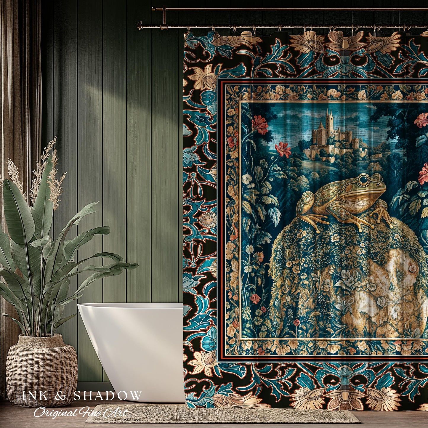 Fairytale Aesthetic Toad Shower Curtain | Frog Lover Bedroom Accent Goblincore Bathroom Dark Cottagecore Magic Eclectic Fairycore Book Nook