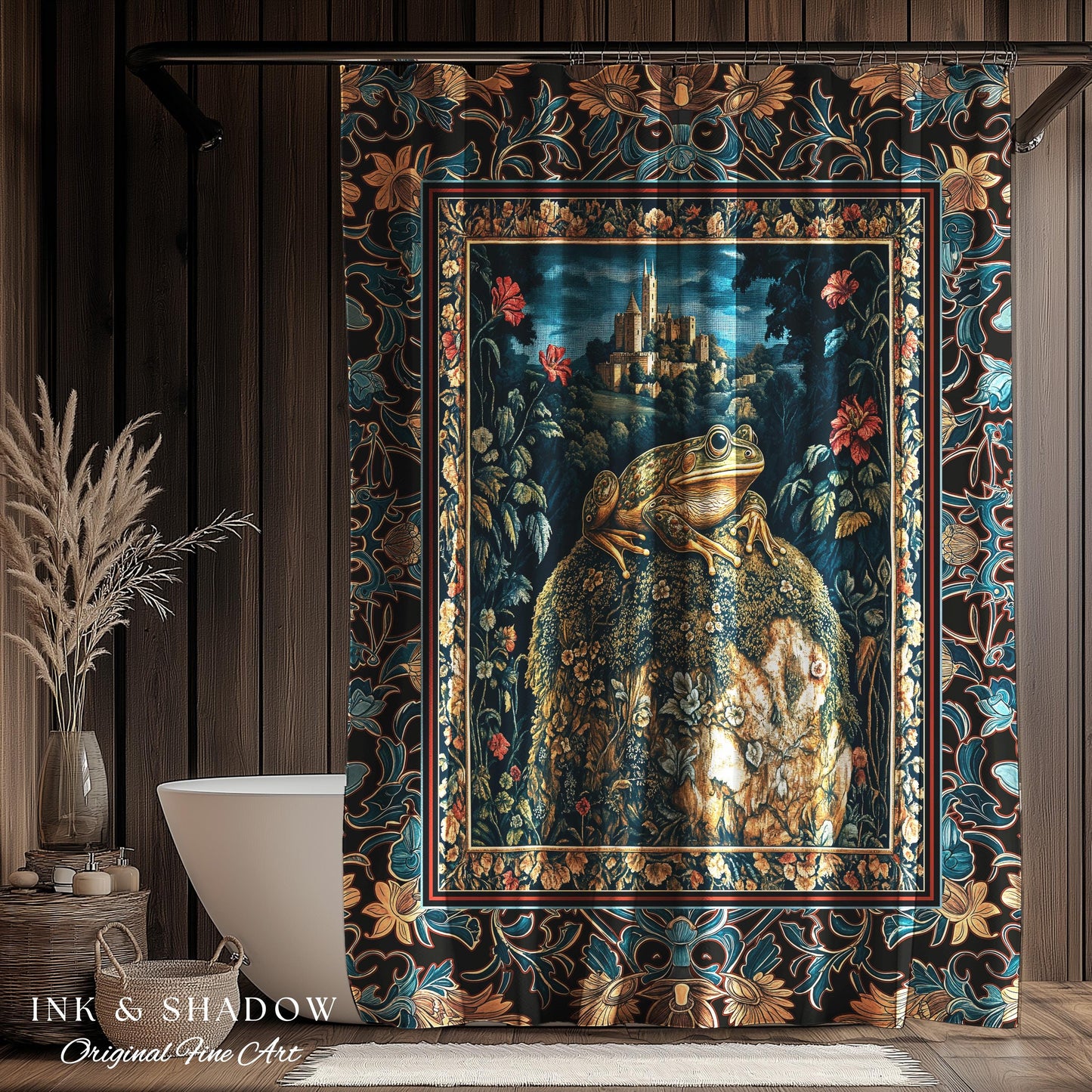 Fairytale Aesthetic Toad Shower Curtain | Frog Lover Bedroom Accent Goblincore Bathroom Dark Cottagecore Magic Eclectic Fairycore Book Nook