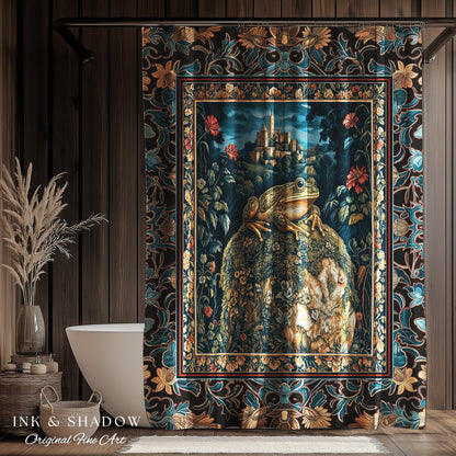Fairytale Aesthetic Toad Shower Curtain | Frog Lover Bedroom Accent Goblincore Bathroom Dark Cottagecore Magic Eclectic Fairycore Book Nook