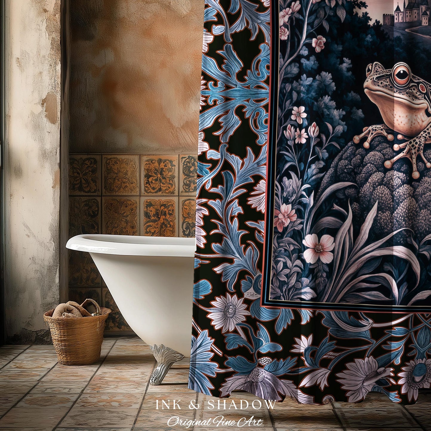 Witchy Toad Shower Curtain for Moody Bathroom | Dark Victorian Floral Frog Lover Decor Eclectic Bath Room Whimsical Cottagecore Aesthetic |