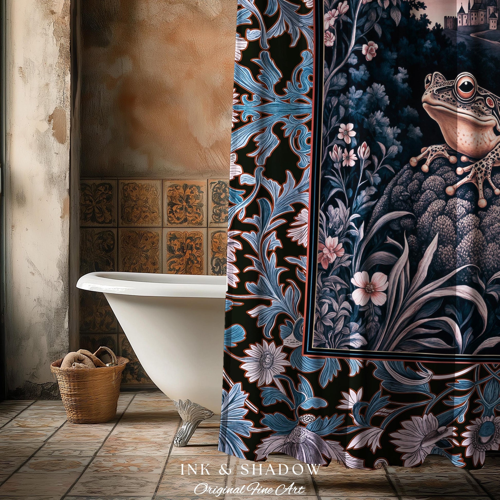 Witchy Toad Shower Curtain for Moody Bathroom | Dark Victorian Floral Frog Lover Decor Eclectic Bath Room Whimsical Cottagecore Aesthetic |