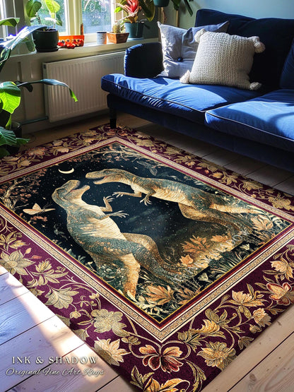 Medieval T-Rex Rug Vintage Celestial Night Sky Enchanted Woodland Gothic Decor, Dark Nature Dinosaur Art Baroque Elegance Folklore Aesthetic