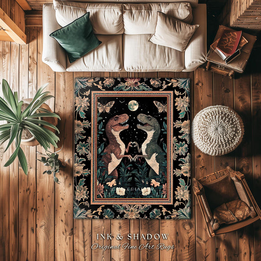 T-Rex Whimsical Academia Area Rug | Dinosaur Accent Rug Ornate Medieval Nightscape Vintage Dark Woodland Gothic Moonlit Moth Bedroom Cute |