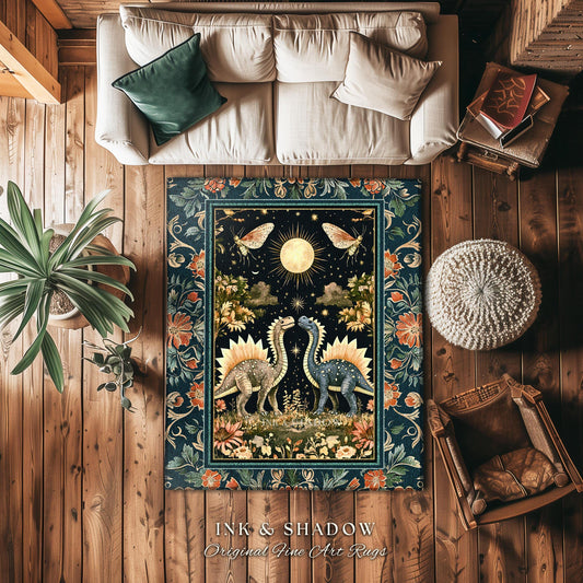 Ethereal Dino Lovers Area Rug | Whimsical Dinosaur Nursery Cushion Moth Ornate Medieval Jurassic Floral Accent Rug Dark Maximalist Art T-Rex