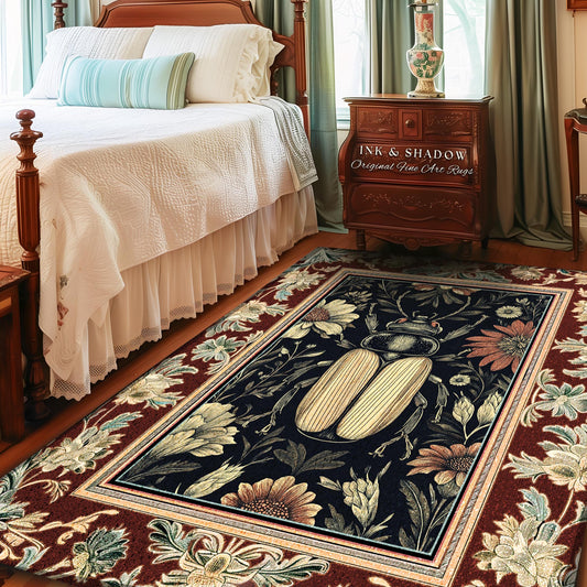 Whimsigoth Beetle Baroque Art Rug Victorian Gothic Home Decor | Dark Cottagecore Botanical Bug Rug Whimsical Oddities Curiosity Ornate Decor