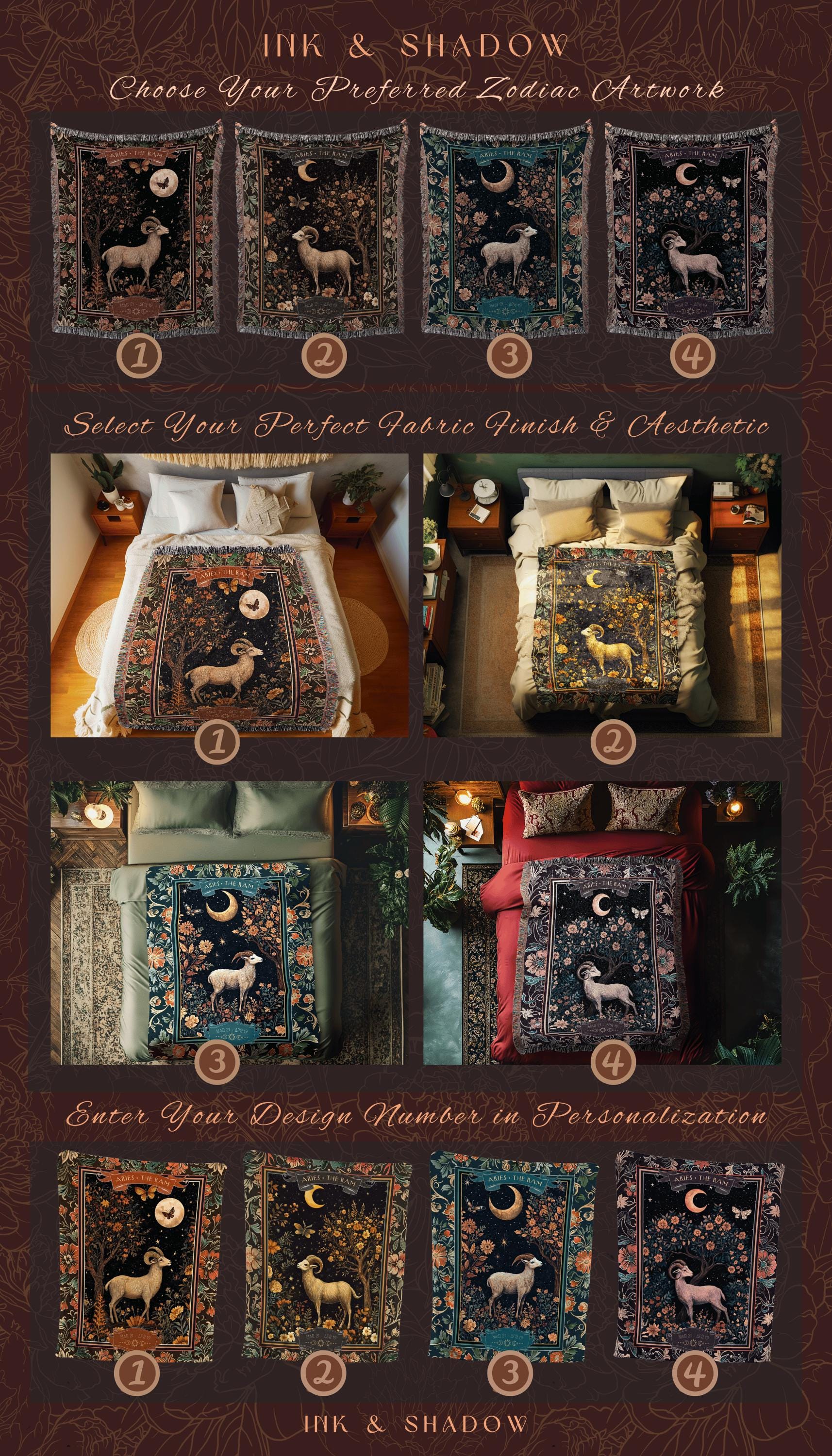 Mystic Aries Star Sign Astrology Blanket Enchanted Moonlit Zodiac Tapestry Throw | Purple Whimsigothic Birthday Gift Celestial April Ram Art