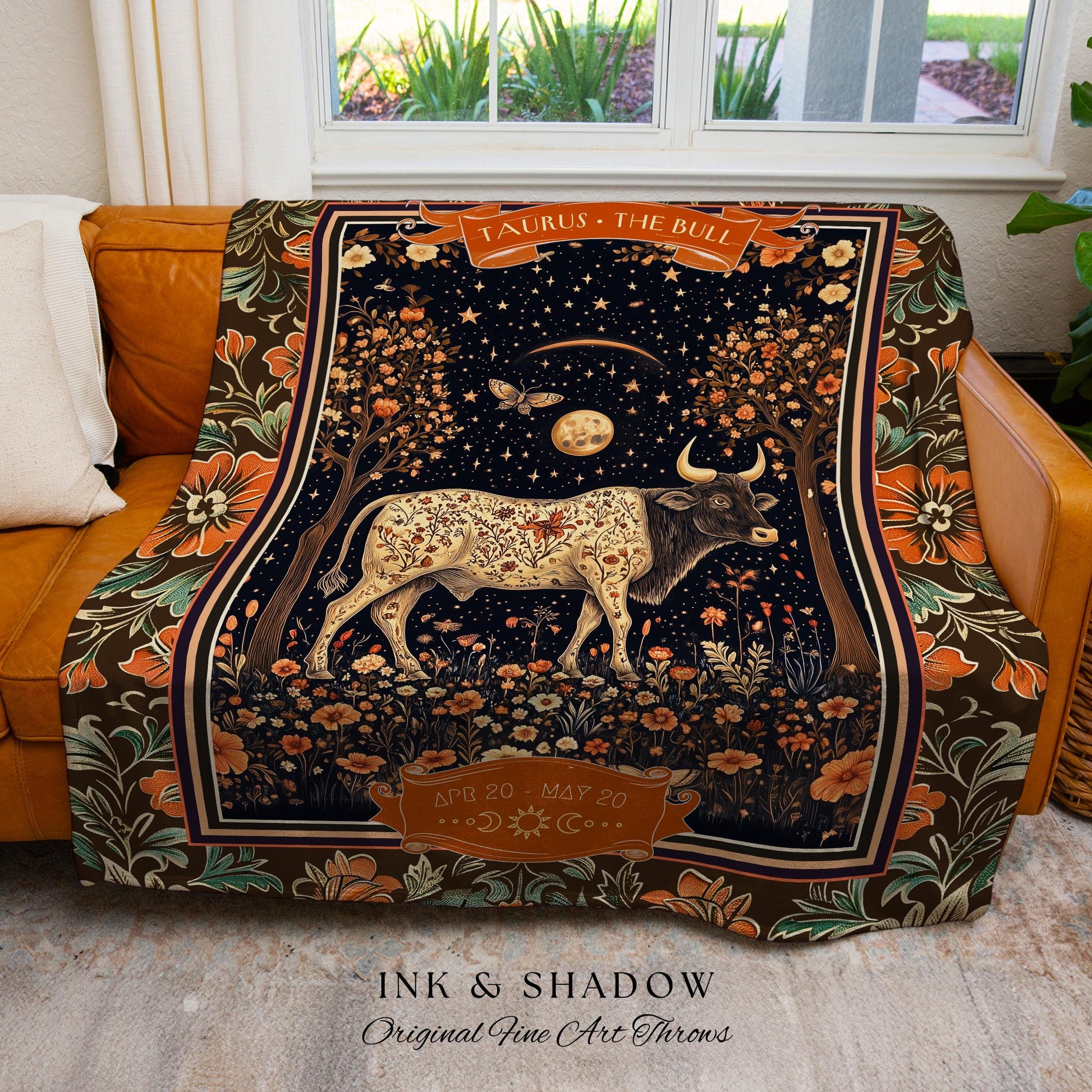 Victorian Gothic Taurus Zodiac Blanket Celestial Birthday Tapestry, The Bull Astrology Art Throw Baroque Romanticism Earth Sign Floral Decor