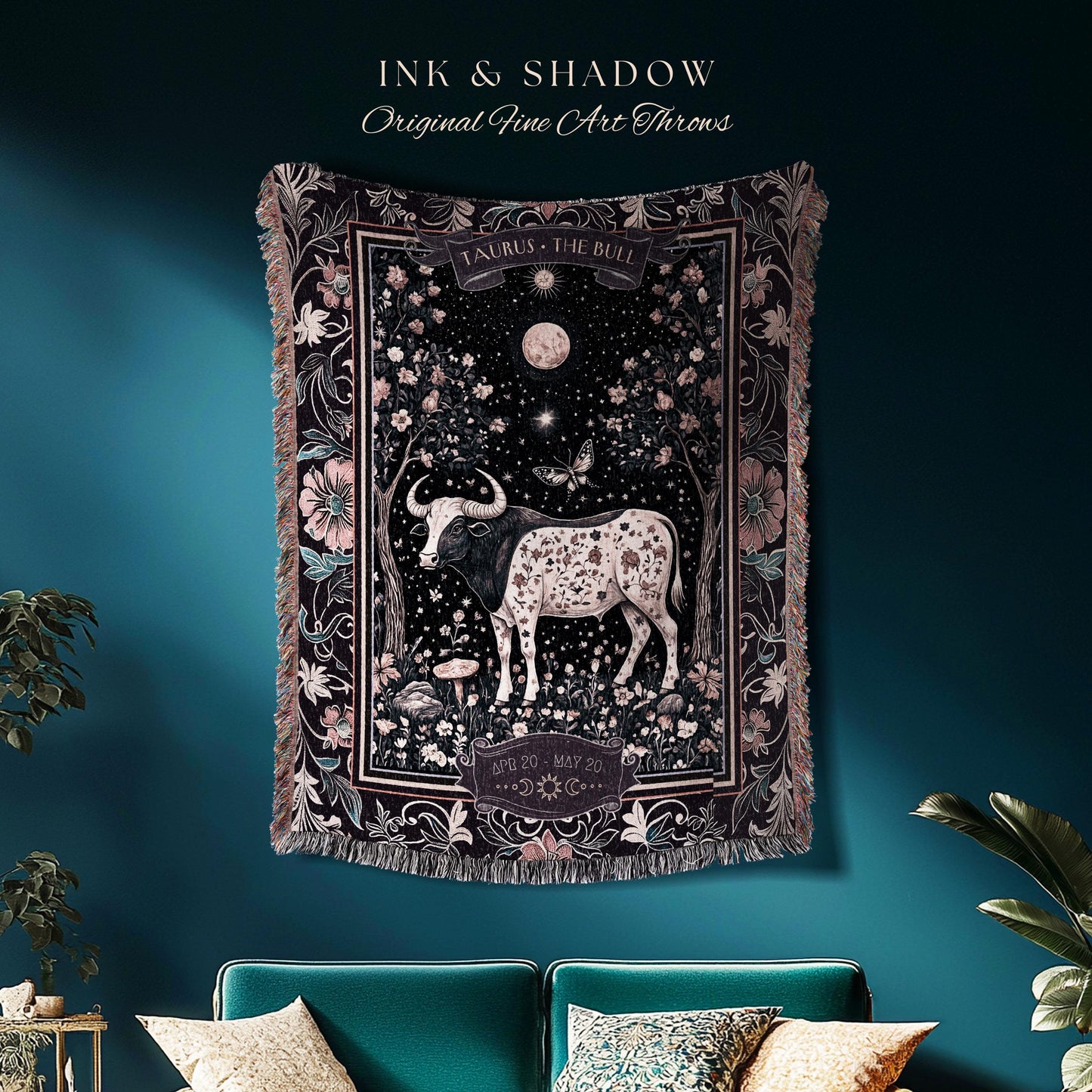 Whimsigoth Mystic Taurus Blanket Celestial Zodiac Tapestry Throw Gift | The Bull Birth Month Witchy Astrology Constellation Starry Sky Decor