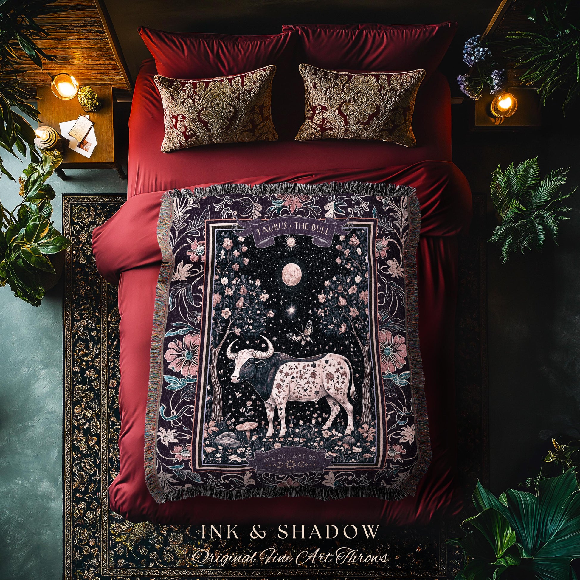 Whimsigoth Mystic Taurus Blanket Celestial Zodiac Tapestry Throw Gift | The Bull Birth Month Witchy Astrology Constellation Starry Sky Decor