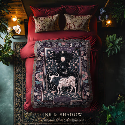 Whimsigoth Mystic Taurus Blanket Celestial Zodiac Tapestry Throw Gift | The Bull Birth Month Witchy Astrology Constellation Starry Sky Decor
